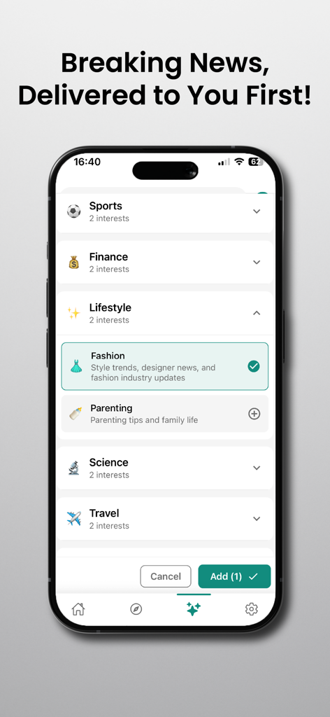 Interfaz de la aplicación PeakLife AI mostrando una lista de categorías de noticias para seguir como Finanzas, Ciencia y Estilo de Vida.