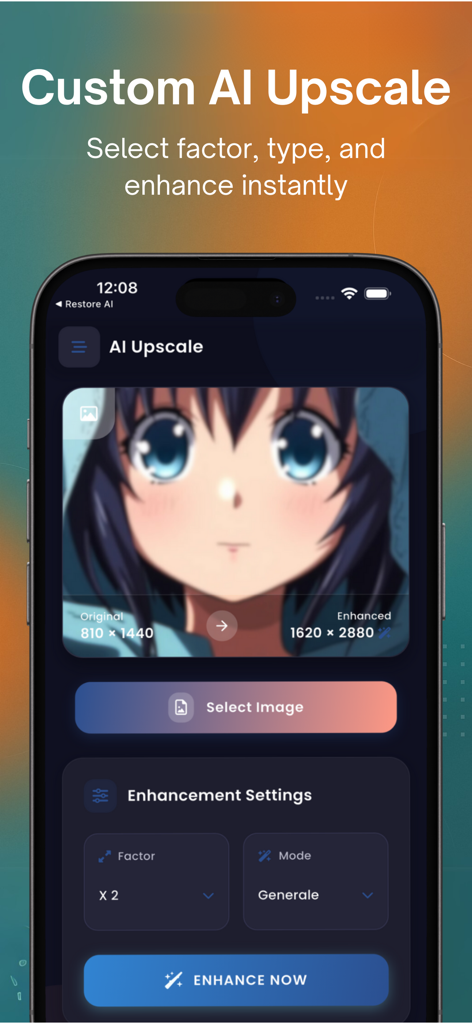 Interfaz de la aplicación móvil Mejora IA mostrando configuraciones de mejora de imágenes de anime.