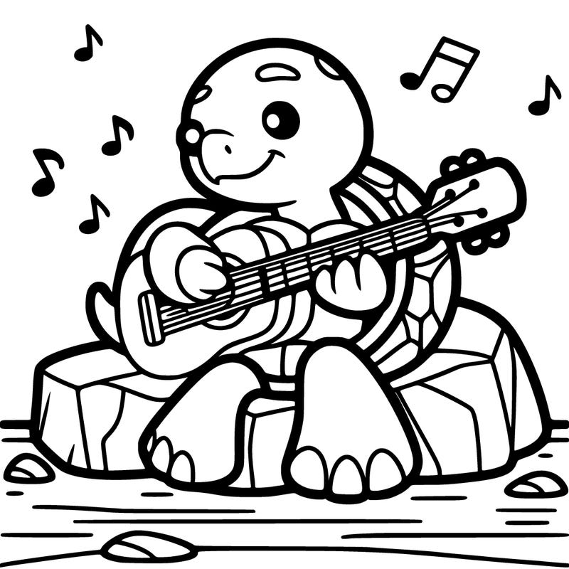 a cartoony turtle playing a guitar whilst sitting on a rock. make it no black fill ins and only lines so i have more to color
