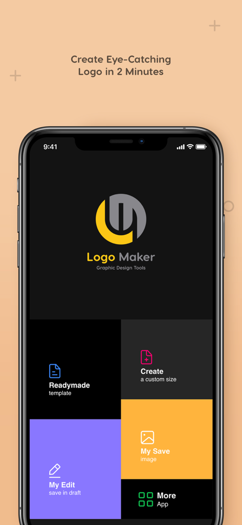 Logo Maker - logo design - Logo Maker app interface on iPhone showing options for readymade templates and custom designs
