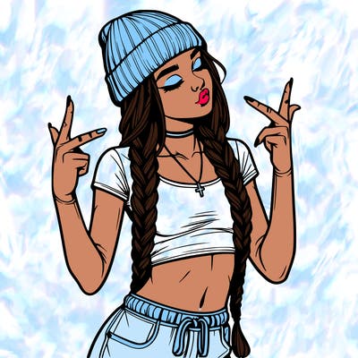 realistic teenage girl with braids and a beanie and crop top doing 🫶🏼