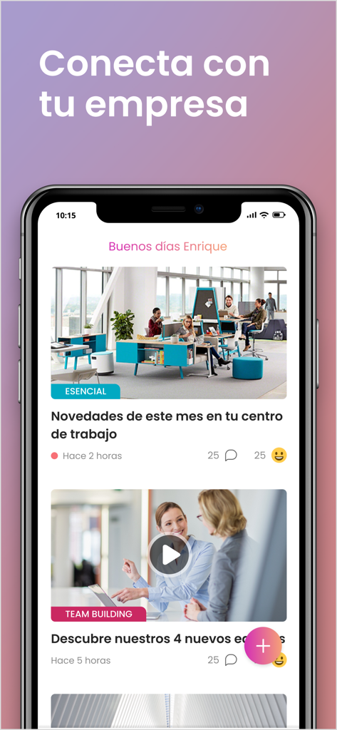 Dialenga - Interfaz de la aplicación móvil Dialenga que muestra el feed de noticias internas de la empresa y actualizaciones de video