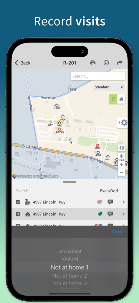 Registrando visitas de servicio de campo y haciendo seguimiento de los que no se encuentran en casa en la interfaz del mapa de Territory Helper.