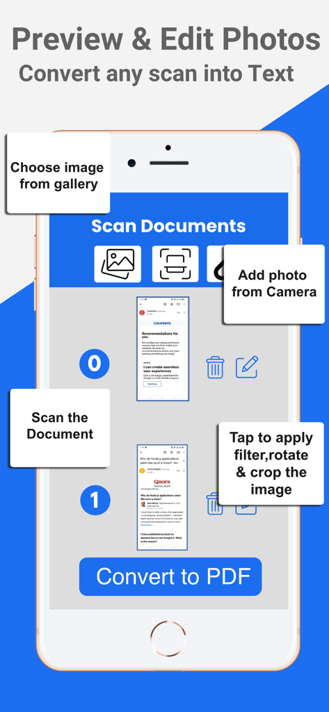 PDF Scanner App- Scan Document - Un iPhone mostrando la interfaz de la App Escáner PDF para editar documentos y convertir escaneos a texto o PDF.