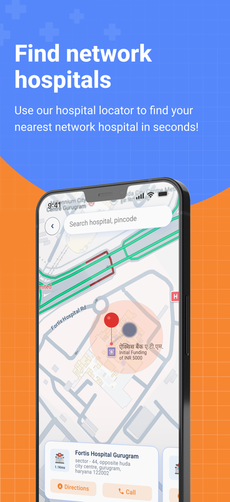Docprime - Docprime app interface showing a map to find and locate nearby network hospitals.