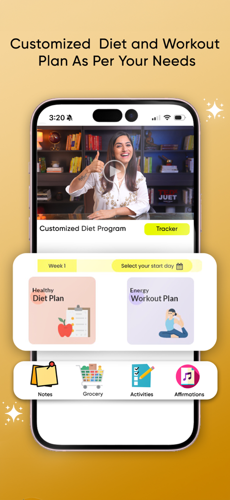 ImWow - Mobile app interface of ImWow showing personalized diet and energy workout plans with a fitness coach video