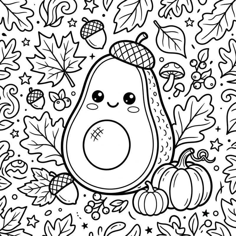 Discover the joy of autumn with this adorable kawaii avocado coloring page, brimming with fall leaves, pumpkins, and acorns. It's a perfect blend of cuteness and seasonal charm, ready for your creative touch.