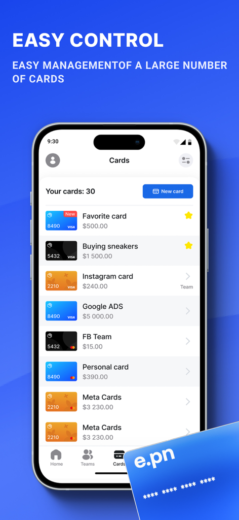 e.PN - Virtual cards - e.PN app screen showing a list of multiple virtual cards for digital marketing and personal shopping