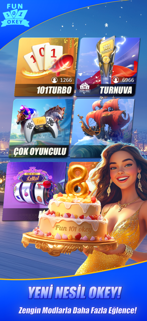 Fun 101 Okey - Play Win Online - Pantalla de modos de juego de la aplicación Fun 101 Okey que muestra los modos de juego Turbo y Torneo con una celebración del 8º aniversario.