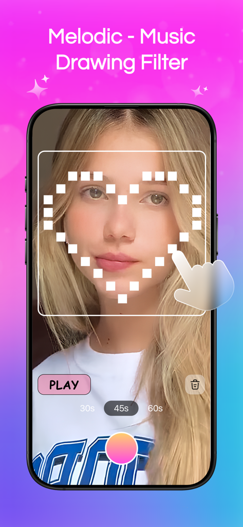 Melodic: Music Draw & Painter - A young woman using the Melodic app to draw a heart shape on a music grid overlaying her face cam.
