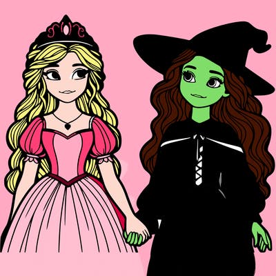 a princess and a witch holding hands realistic