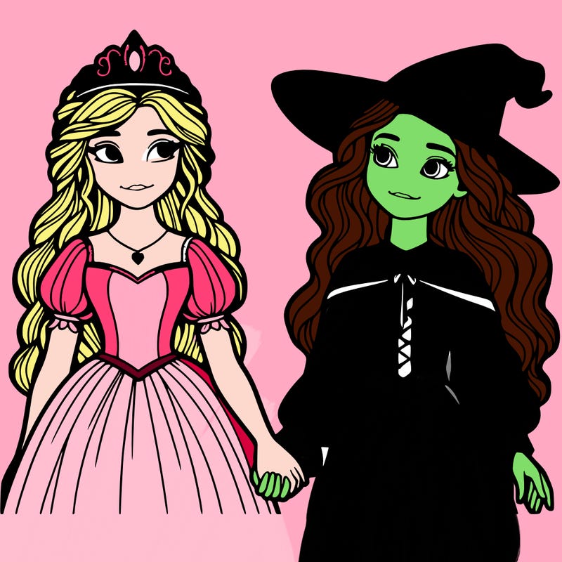 a princess and a witch holding hands realistic