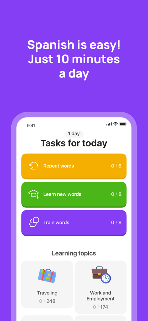 10 Minute Spanish app interface showing daily vocabulary tasks and learning topics like traveling and work.