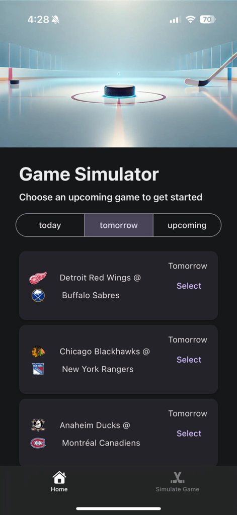 NHL 게임 시뮬레이터 앱 화면, 레드윙스 대 세이버스, 블랙호크스 대 레인저스 등 내일 예정된 하키 경기 목록 표시