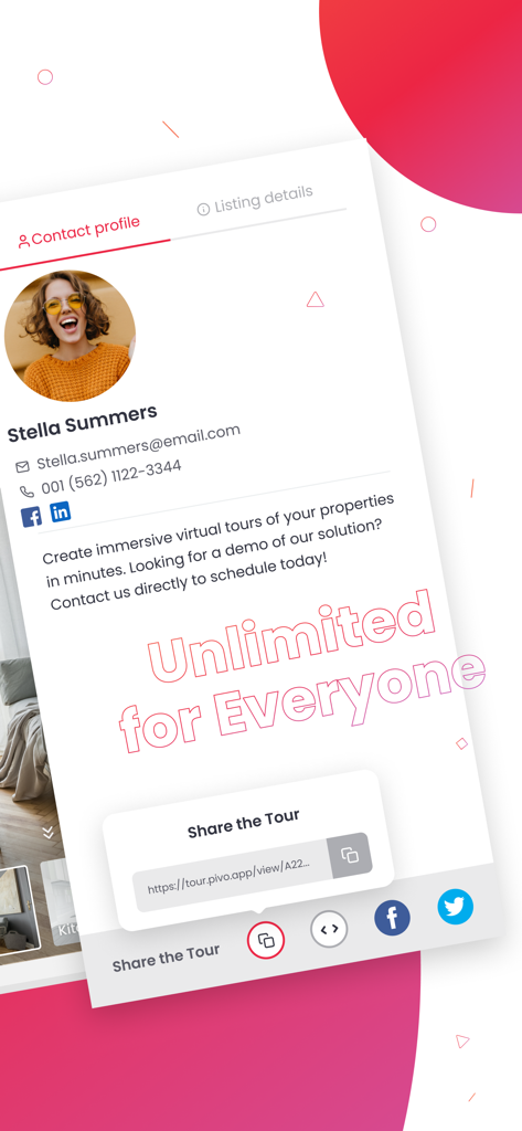Pivo Tour - Pivo Tour 앱 화면, 부동산 중개인 연락처 프로필 및 가상 투어 공유 옵션 표시