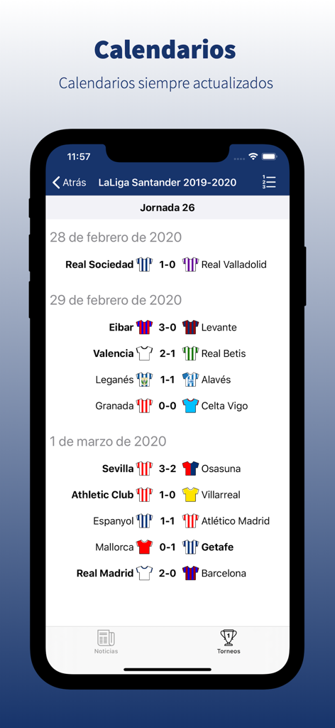 La aplicación Bernabéu Digital mostrando horarios de partidos y resultados de fútbol de LaLiga.