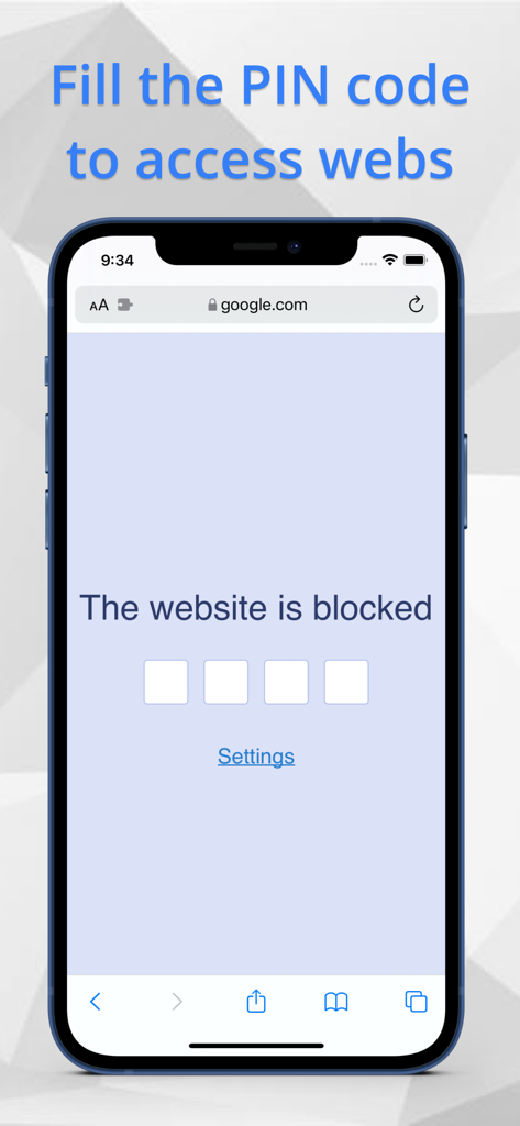 A blocked website on an iPhone requiring a four digit PIN code for access through the Web Blocker Safari extension
