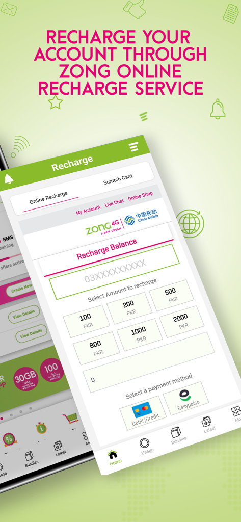 My-Zong app interface for online mobile account recharge showing payment methods and amounts