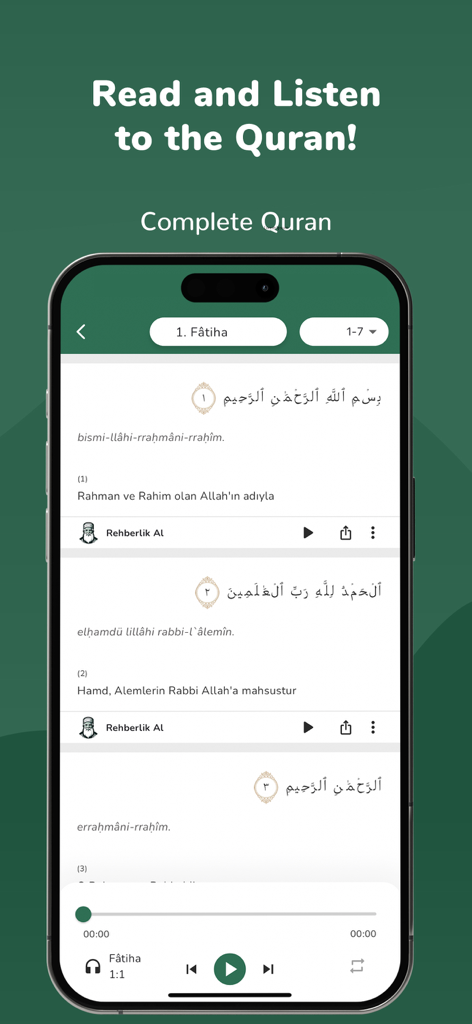 Alim: Islamic Guide, Azan, Dua - Alim app interface for reading and listening to the Quran with audio playback controls