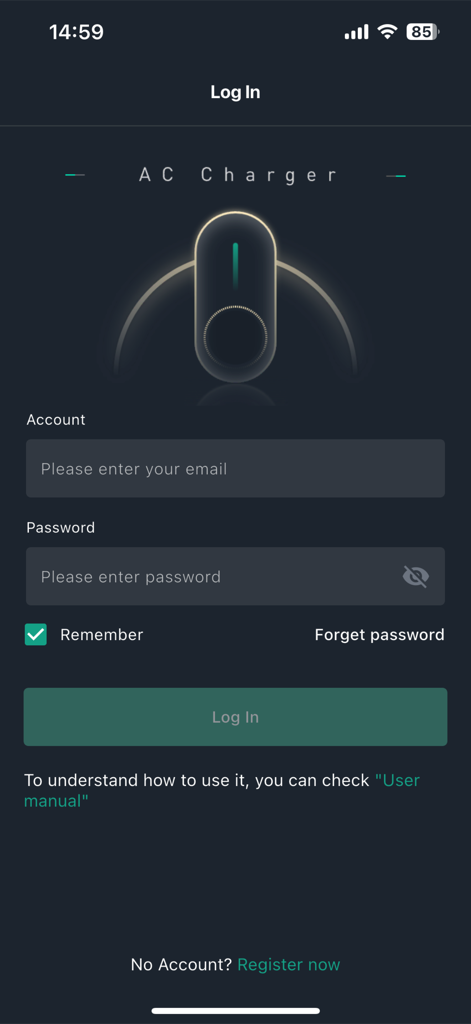 GRESCharge - Pantalla de inicio de sesión de la aplicación GRESCharge para la gestión de cargadores de vehículos eléctricos