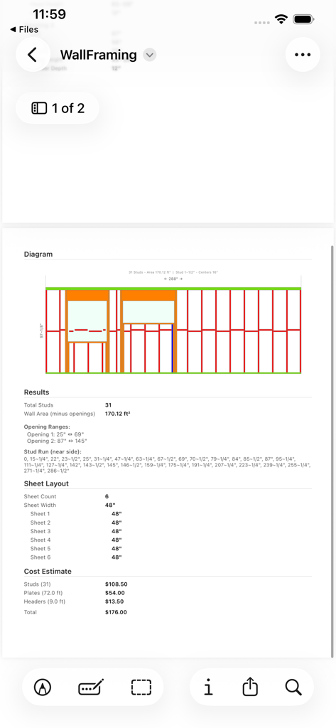 Stud Framing Layout Calculator - A detailed wall framing report showing a color-coded diagram, material results, and cost estimation.