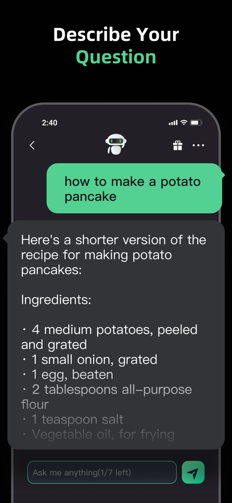 Moss - AI Chat & Genie Chatbot - Moss AI 채팅 인터페이스는 감자전 레시피 요청 및 응답을 보여줍니다.