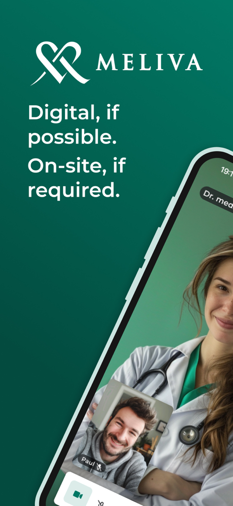 Smartphone screen showing a video consultation between a female doctor and a male patient on the Meliva app.