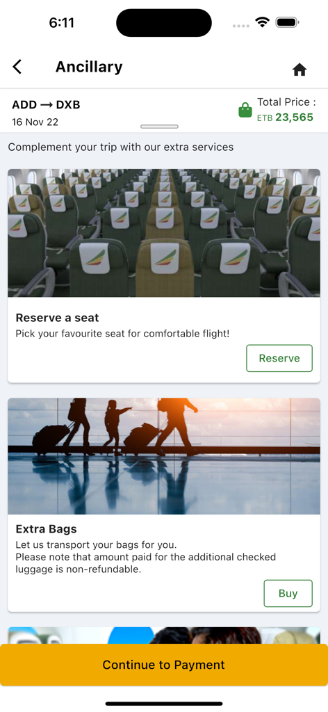 Bildschirm der Ethiopian Airlines App mit Optionen zur Reservierung eines Sitzplatzes und zum Kauf von zusätzlichem Gepäck für einen Flug.