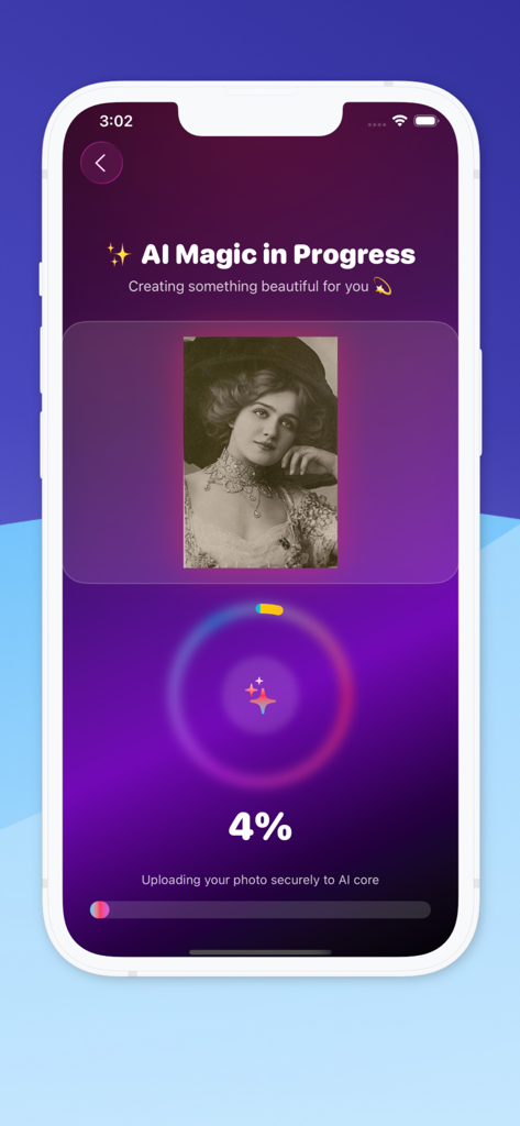 Pantalla de la aplicación Pixtable AI mostrando el progreso de una foto antigua siendo restaurada y coloreada.