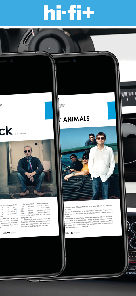 hi-fi+ Global Network - Digital magazine articles on the hi-fi plus Global Network mobile app displayed on two iPhones