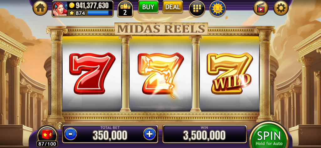 Máquina tragamonedas de 3 rodillos Midas Reels con símbolos de sietes triples