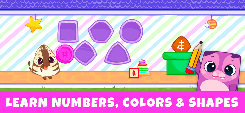 Bibi World: Games for Kids 3-6 - Pantalla educativa que muestra personajes y formas geométricas para que los niños aprendan colores y números.