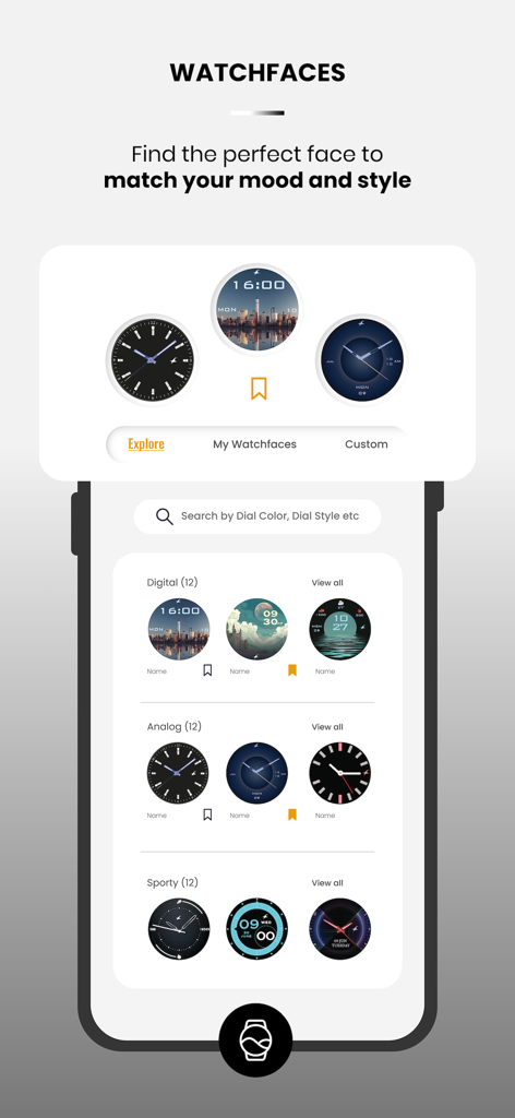 Titan Smart World - Titan Smart World app interface showing a variety of digital, analog, and sporty watchface options for customization.