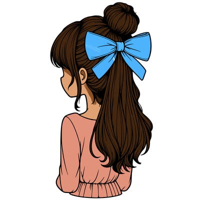 realistic girl  with hip length hair a bun and a big bow on the back of head