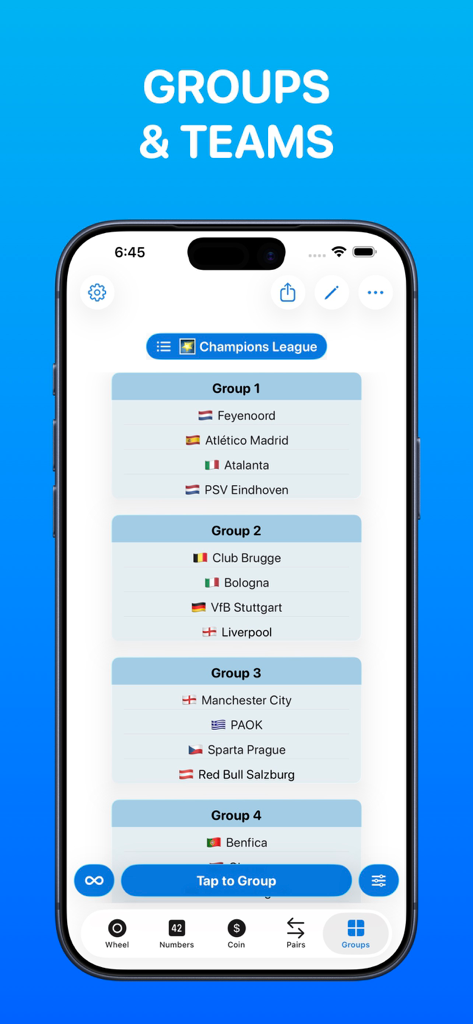 Wheel Spinner - Pick Me - A mobile app interface showing randomized groups and teams for a soccer tournament