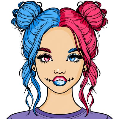 realistic girl with two buns in hair and lips