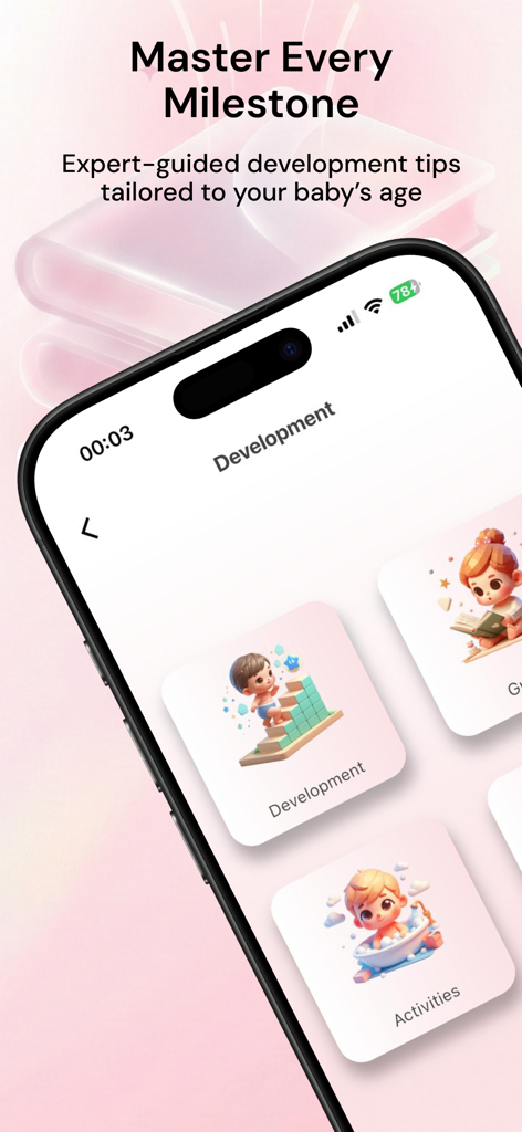 BabyNena: AI Baby Care - Interfaz de la aplicación BabyNena que muestra hitos del desarrollo y actividades para bebés
