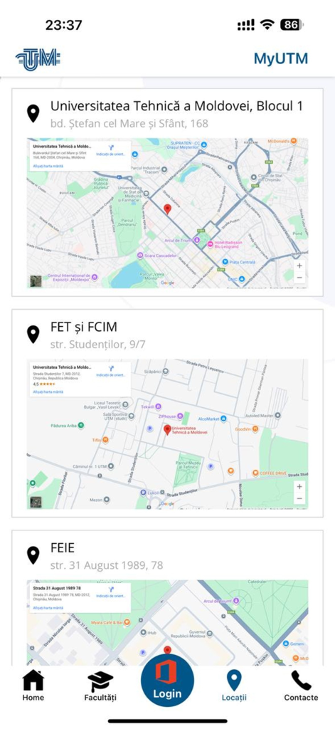 MyUTM Moldova - MyUTM Moldova app locations screen showing maps for various university campus buildings