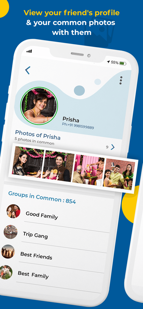 Kwikpic app screen displaying a friend profile with common photos and shared groups.