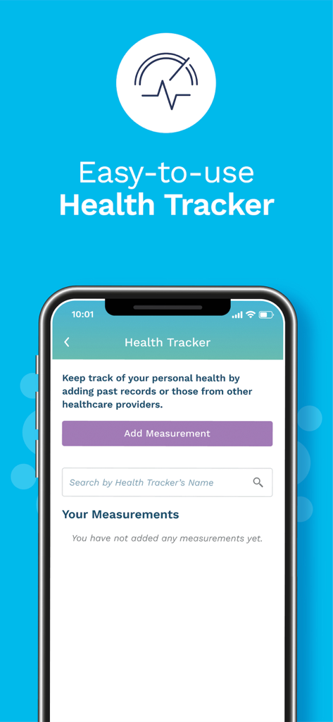 Interface of the MyHealth360 Malaysia app showing the health tracker feature with an add measurement button