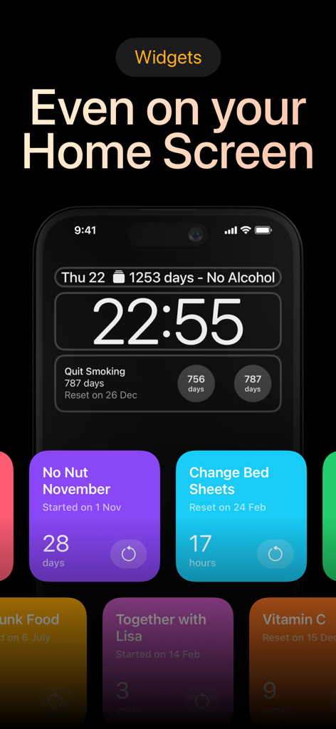 Days Since: Quit Habit Tracker - Pantalla de inicio del iPhone que muestra múltiples widgets coloridos de rastreo de hábitos de la aplicación Days Since.