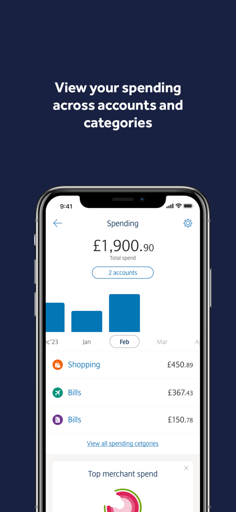 Barclays UK - Barclays UK App Ausgaben-Bildschirm, der monatliche Ausgaben über Konten und Kategorien hinweg anzeigt