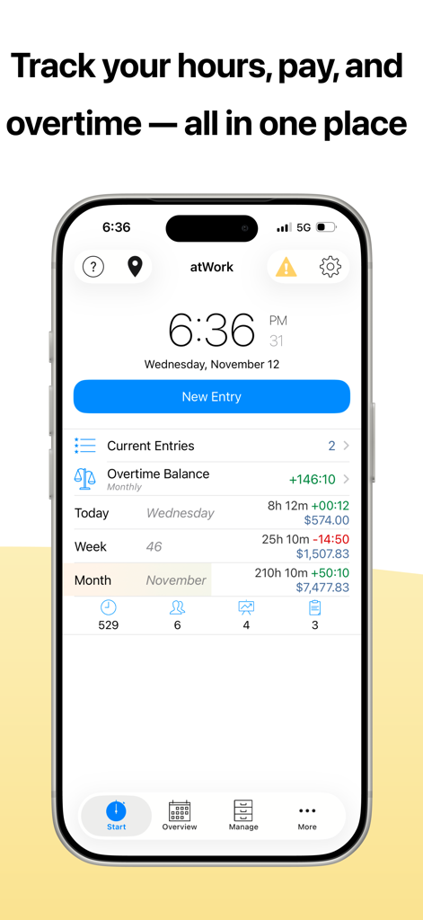 atWork Hours & Pay Tracker - Schermata dell'iPhone che mostra la dashboard dell'app atWork con riepilogo delle ore lavorate, paghe e straordinari monitorati