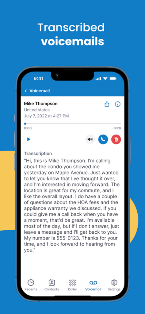 Nagish: Caption Your Calls - A screenshot of the Nagish app showing a full text transcription of a voicemail message for users with hearing loss.