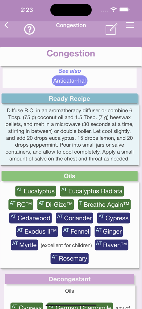 Ref Guide for Essential Oils - Essential oil guide app showing recipes and recommended oils for congestion relief