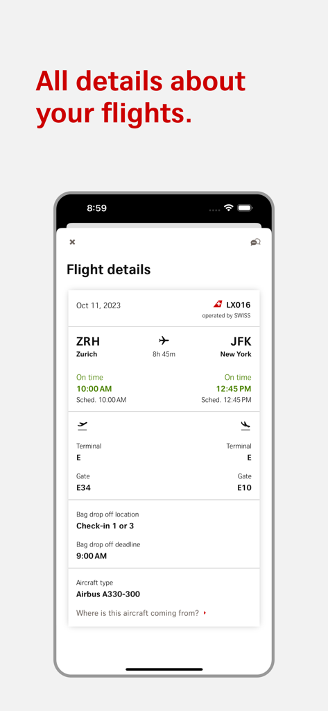 Mobilbildschirm der SWISS App mit Flugdetails von Zürich nach New York mit Terminal- und Gate-Informationen