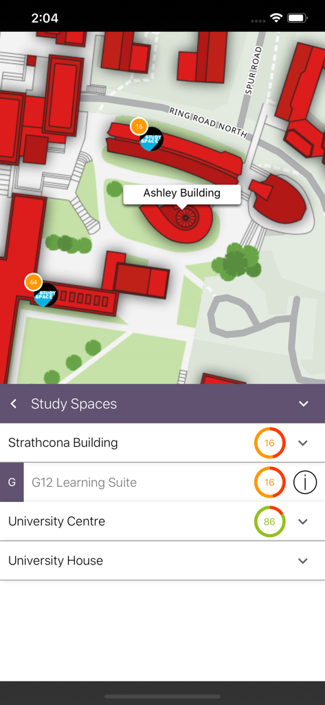 UoB Campus Map - Interface of the UoB Campus Map app showing real-time availability of study spaces across the University of Birmingham campus.
