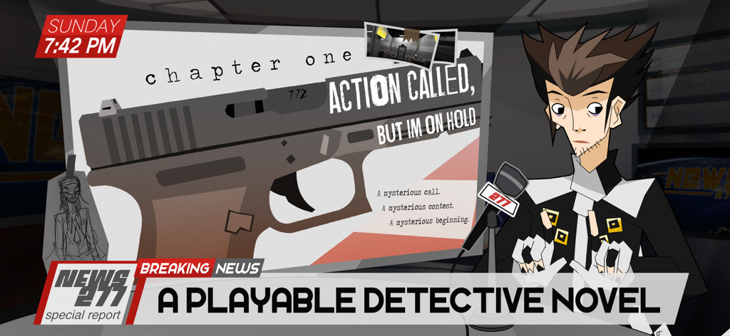 Methods: Detective Competition - A scene from the visual novel Methods Detective Competition featuring a character in a news broadcast setting and Chapter One title screen