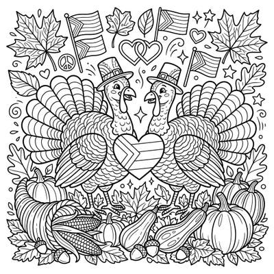 Embrace the spirit of gratitude and love with this delightful Thanksgiving Pride turkeys coloring page. Featuring two festive turkeys amidst a bountiful fall harvest and joyful Pride symbols, it's a celebration of diversity for all ages.