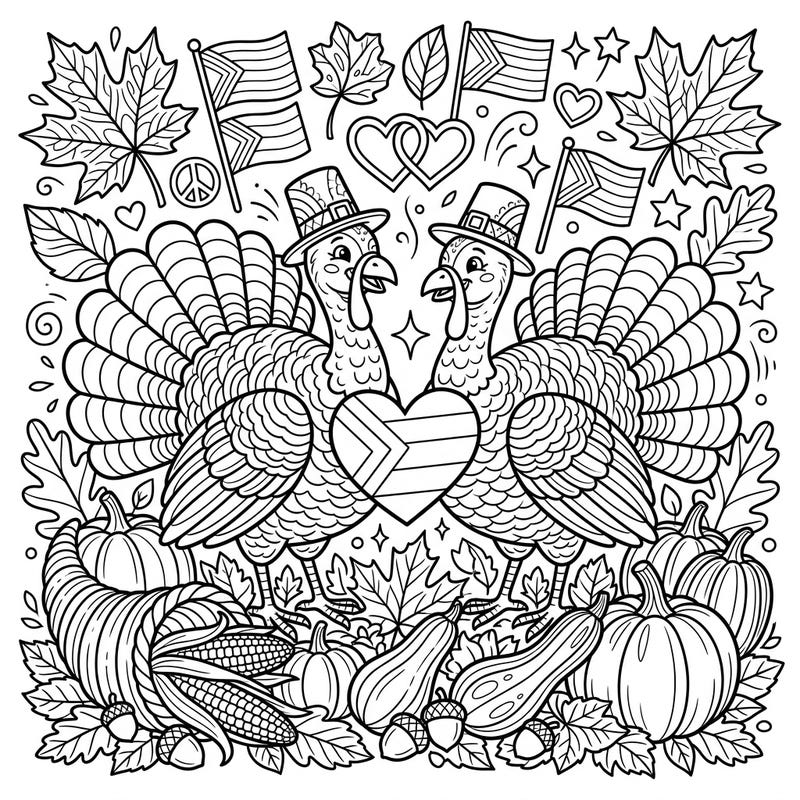 Embrace the spirit of gratitude and love with this delightful Thanksgiving Pride turkeys coloring page. Featuring two festive turkeys amidst a bountiful fall harvest and joyful Pride symbols, it's a celebration of diversity for all ages.